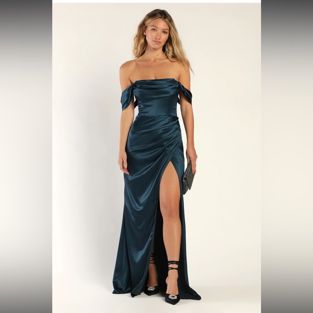 Lulus Stunning‎ Arrival Black Satin Off-The-Shoulder Maxi Dress size medium